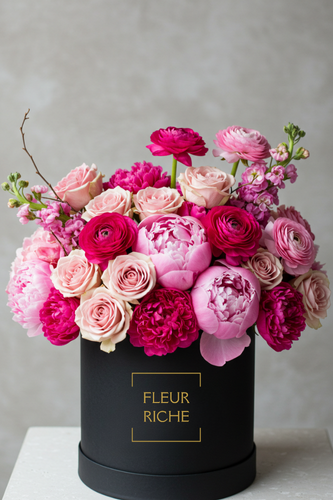 Flower arrangement with roses, peonies, ranunculus, snapdragon in a chic hat box. Houston flower delivery