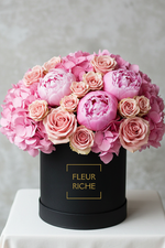 peonies, baby pink roses, and cotton candy pink hydrangeas