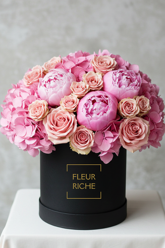peonies, baby pink roses, and cotton candy pink hydrangeas